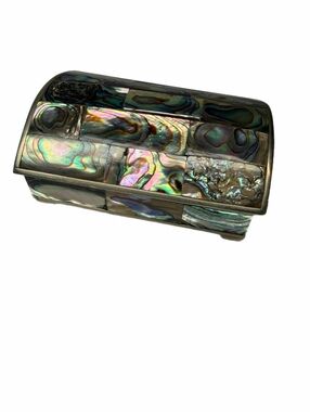 Vintage Abalone Shell Trinket Jewelry Box Wood Lined Alpaca Silver Mexico
